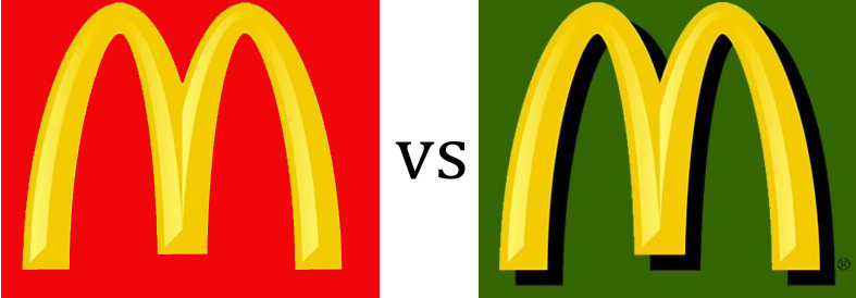 The McDonald's traditional, red logo compared to the sage green logo that was introduced in European countries in the last two decades.
