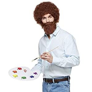 A Bob Ross costume that features a large, signature curly wig, beard and moustache, shirt, and accessories