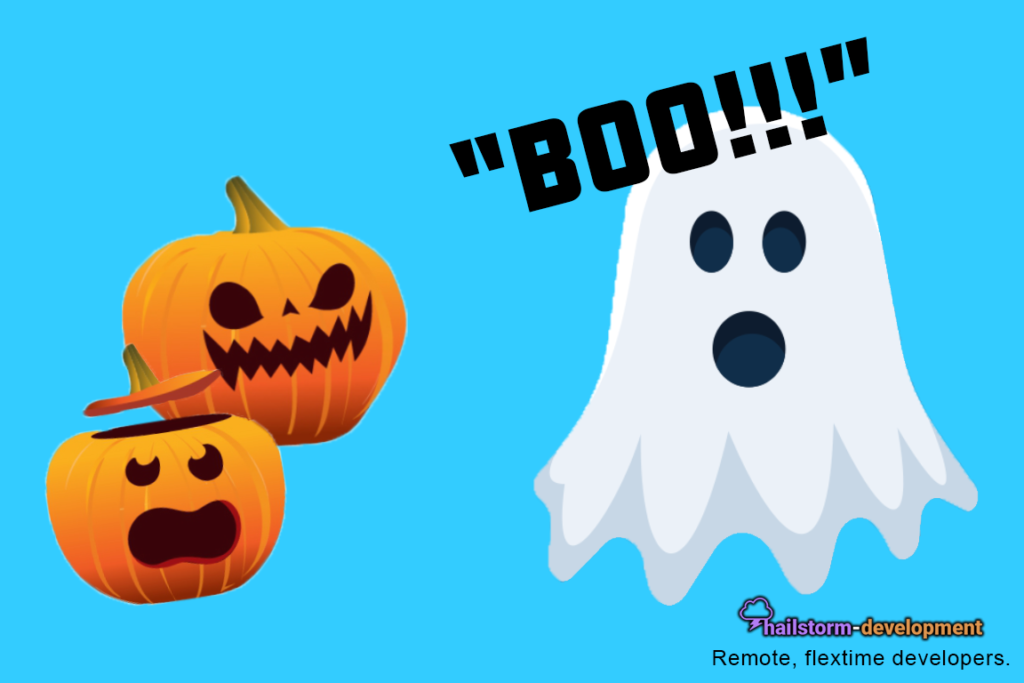 Two Jack O Lanterns look toward a ghost screaming, "Boo!"