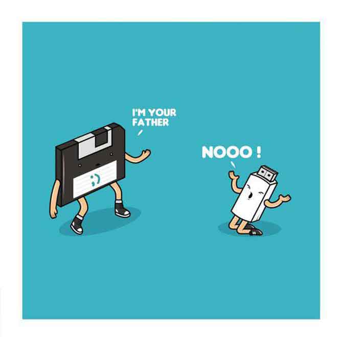A floppy disk says to a USB flash drive "I'm your father"