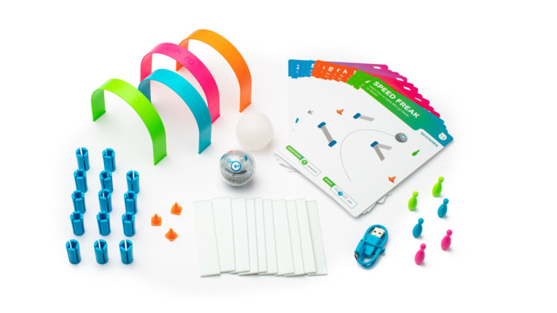 The sphero mini activity kit includes a clear-shelled driveable mini ball with a gyroscope, accelerometer, and LED lights with up to 45 minutes of battery life