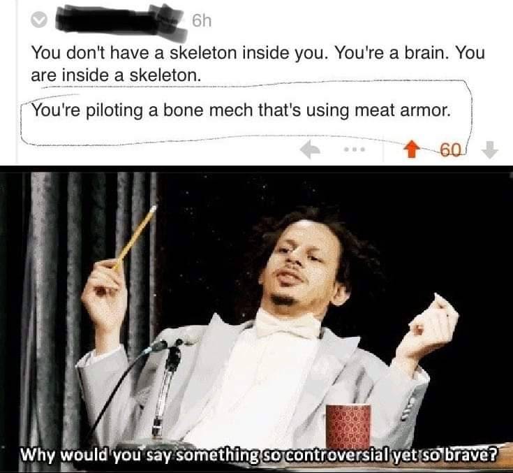 You don't have a skeleton inside you. You're a brain. You are inside a skeleton. You're piloting a bone mech that's using meat armor. Why would you say something so controversial yet so brave?