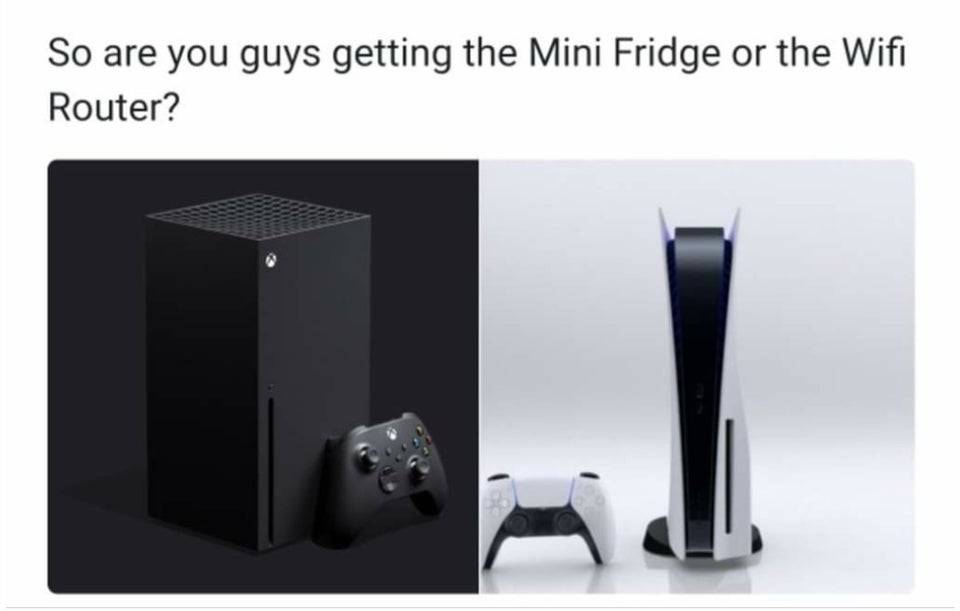 "So are you guys getting the Mini Fridge or the Wifi Router?"; two photos side-by-side are the new Playstation and Xbox consoles