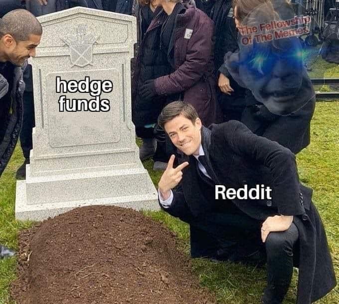 Reddit poses in front of a grave marked "hedge funds"