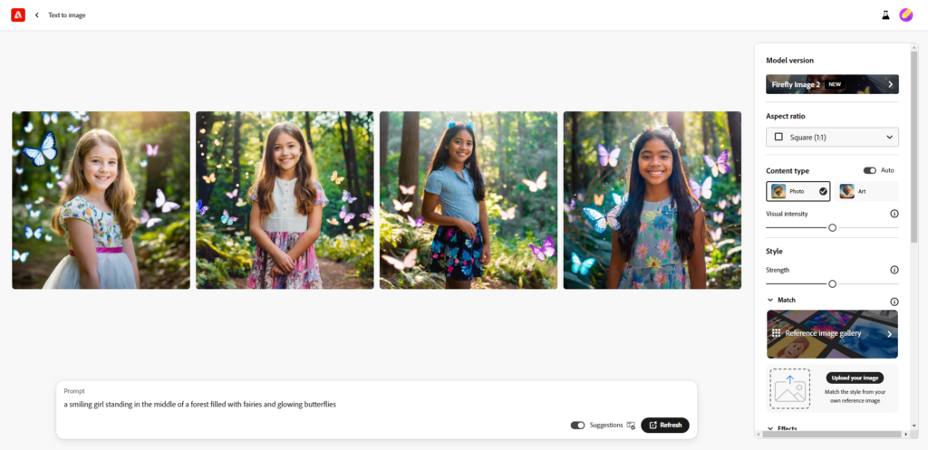 A screenshot of the Adobe Firefly generative AI tool. In this screenshot, you can see the full text prompt as well as some of the effects/settings on the right-hand side that can be selected to further refine the images that are created. In the generated example, you can see four separate images of girls standing in a forest with fairies and glowing butterflies around her. All 4 of the girls pictured are artificially generated.