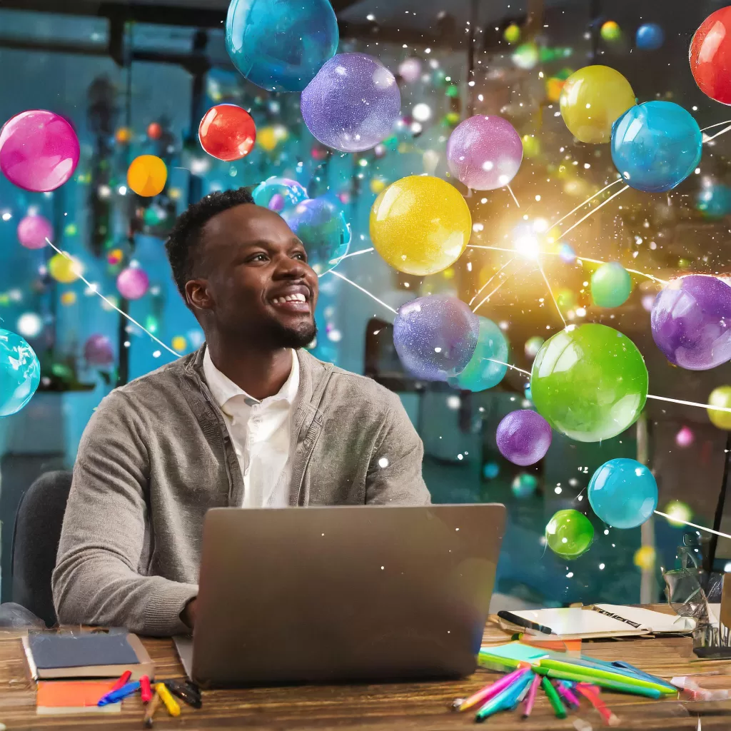 An AI-generated photo of someone sitting at a laptop computer with colorful bubbles and shapes around them. They are excited for what the new year holds.