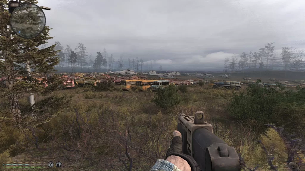 A screenshot from S.T.A.L.K.E.R.: Call of Pripyat - Anomaly in the Truck Cemetery.