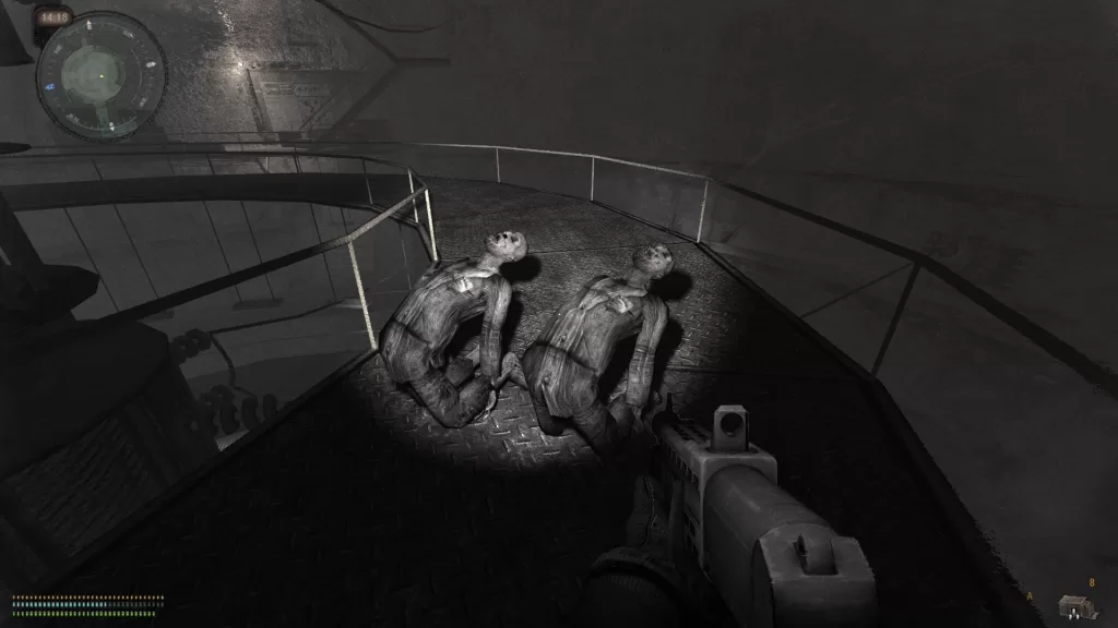 Two zombies on their knees leaning backwards on a metal walkway. Screenshot taken by Hayley Turner in the Brain Scorcher Lab mission in S.T.A.L.K.E.R. Call of Pripyat: Anomaly.