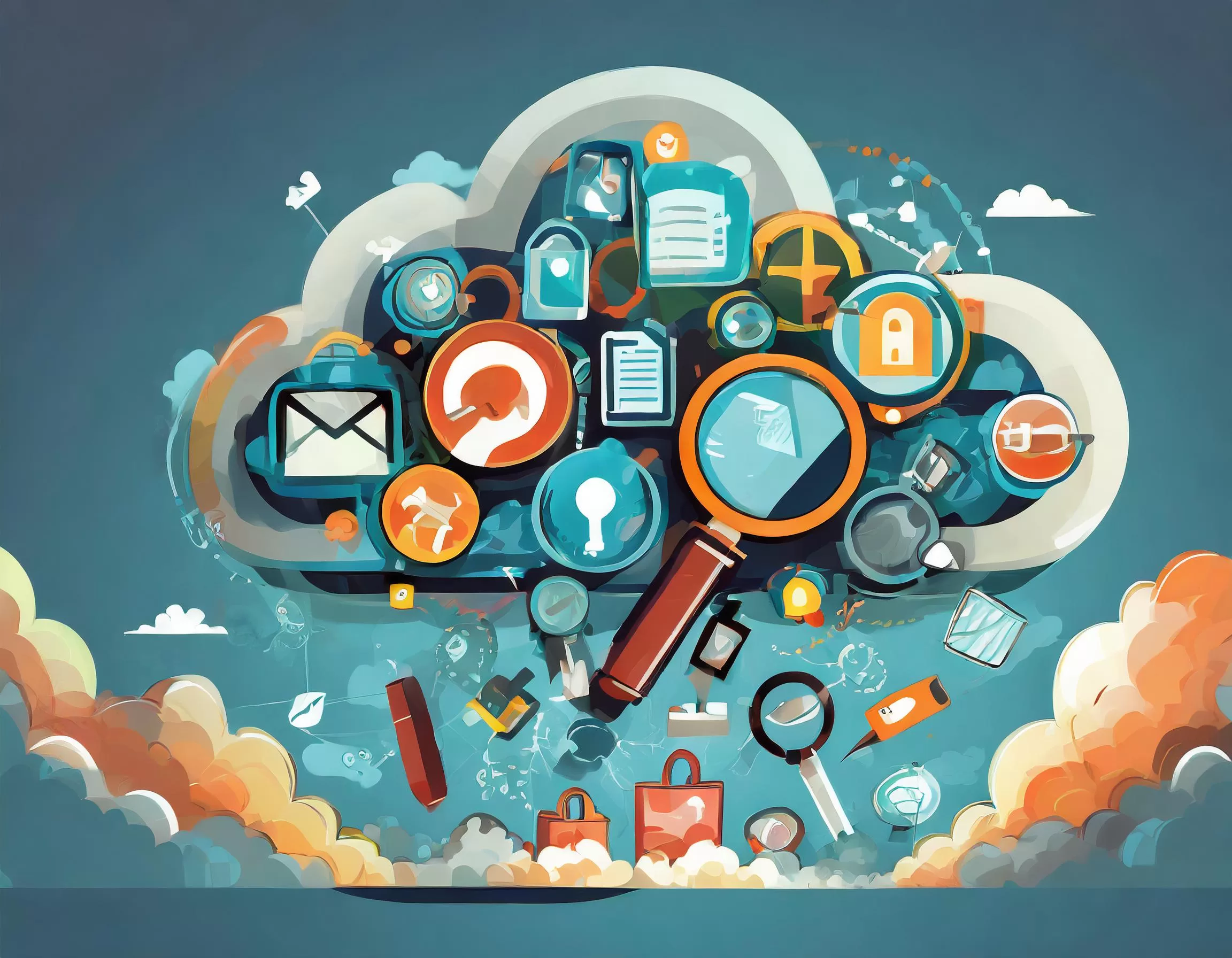 A cloud filled with different magnifying glass search icons; Google Search result cloud