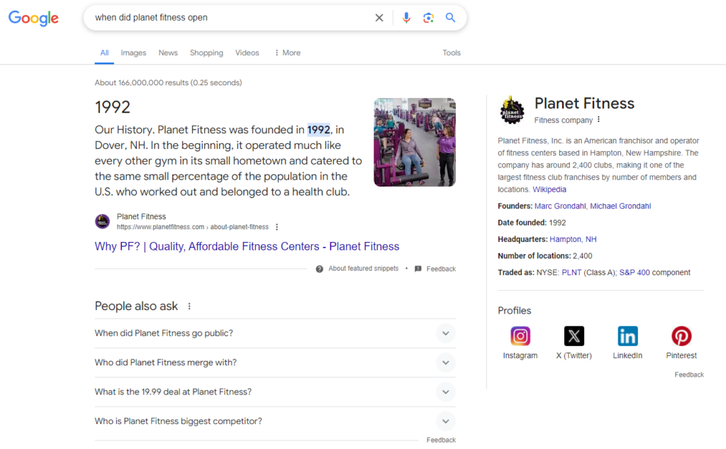 A screenshot from Google Search Results for, "when did planet fitness open" obtained on 4/18/24.