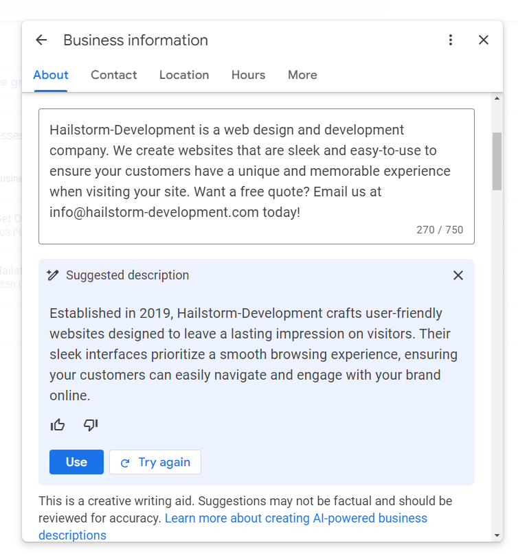 An example from Google Search, specifically Google Business Profile (GBP) showing an AI-generated business description for Hailstorm-Development based on gathered information.