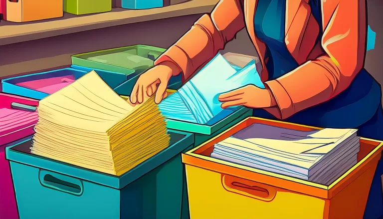 An animated image of hands sorting colored papers into different colored bins