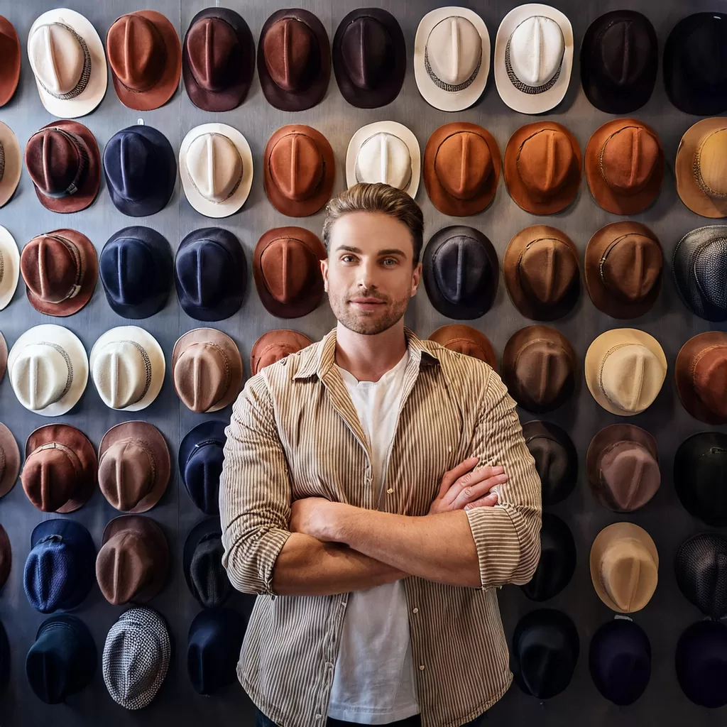 A person standing in front of a wall with various different hats and baseball caps hanging on it