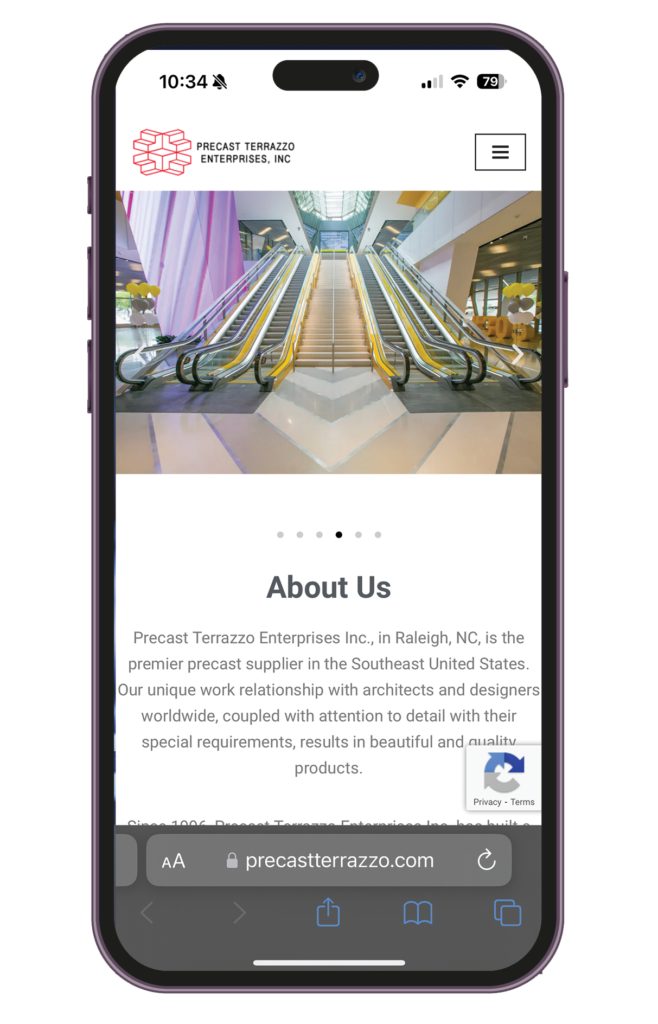 A screenshot of the mobile Precast Terrazzo site on an iPhone