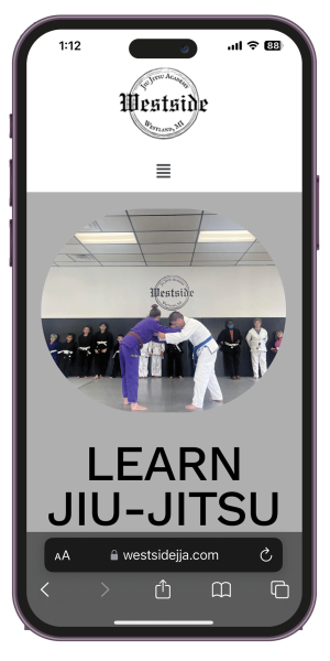 Mobile screenshot of the Westside Jiu Jitsu Academy homepage on an iPhone