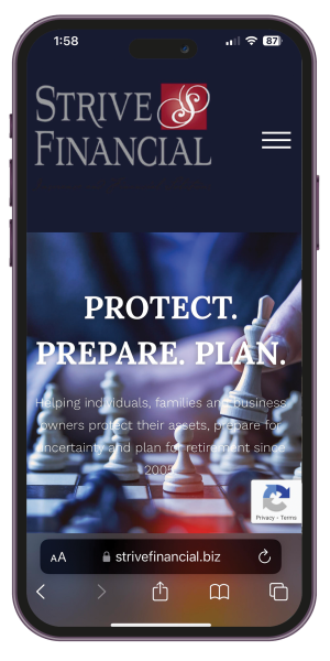 Strive Financial website mobile version shown on an iPhone 13